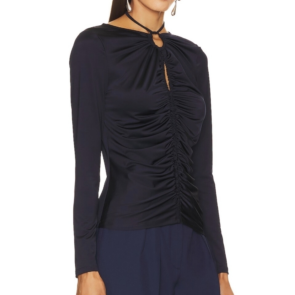 Veronica Beard Rogue Top Halter Neck Tie Ruched Detail Long Sleeve Navy 12 NWT - Picture 4 of 13